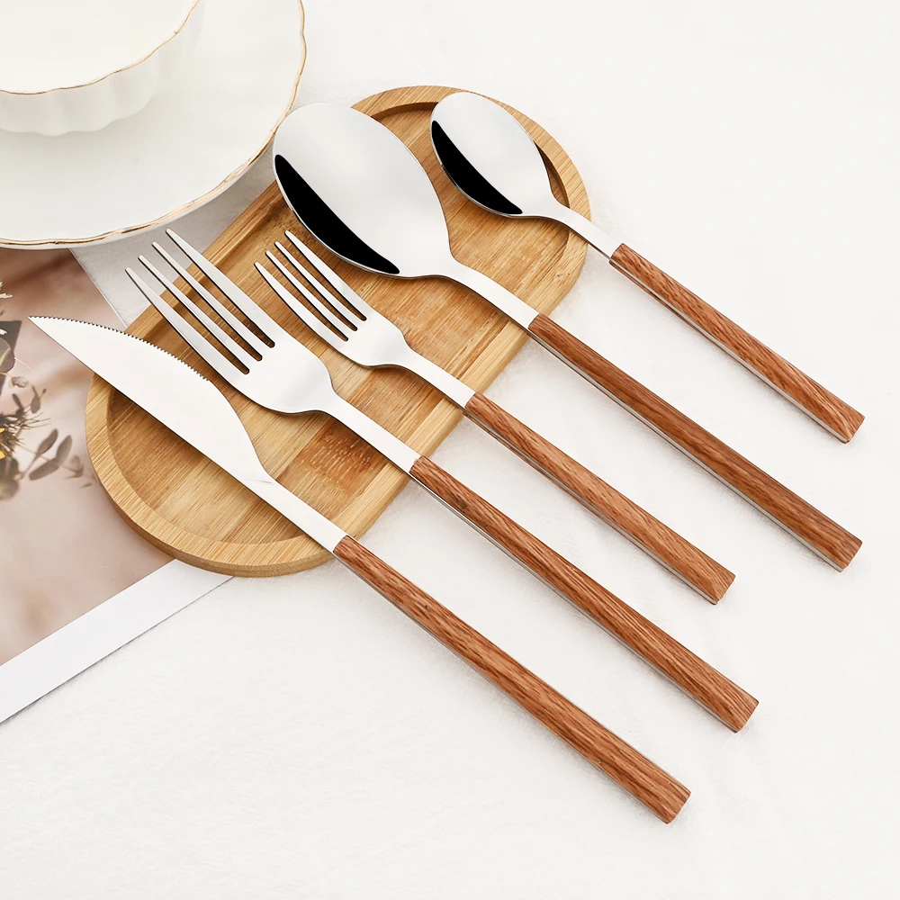 Bamboo Cutlery - 16/24/30 pçs de aço inoxidável imitação